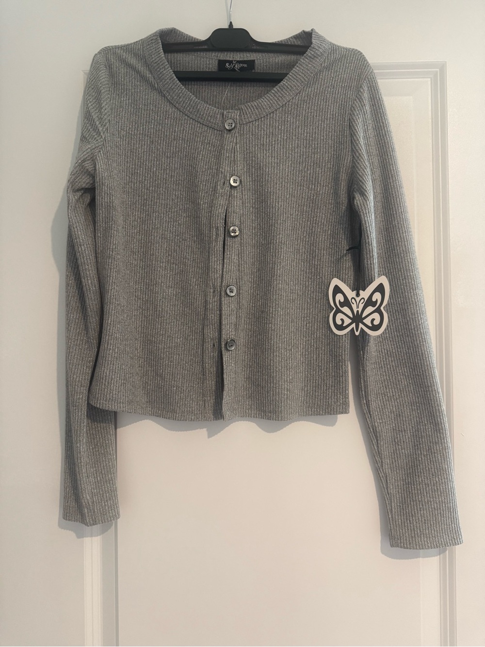 Self Esteem Light Gray Ribbed Button-Up Crop Top